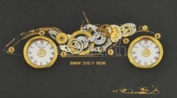 BMW 315/1 1936 motor, óra alkatrészekből. kirakva. üvegezett keretben 18x23 cm