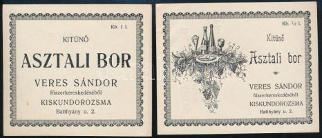 Kitűnő asztali bor Veres Sándor fűszerkereskedéséből (Kiskundorozsma, Batthyány u. 2.), 2 db borcímke, 10x8 cm