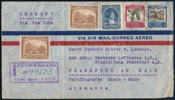 1937 Ajánlott levél Frankfurtba New Yorkon keresztül, összesen 6 klf bélyegzéssel / Registered cover to Frankfurt via New York, with 6 different postmarks