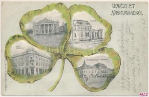 1902 Nagyvárad, Oradea; Szigligeti színház, múzeum, Royal kávéház, Kereskedelmi csarnok. Színházi Tőzsde kiadása, szecessziós lóherés montázs / theatre, museum, cafe, trade hall. Art Nouveau litho montage with clover (kis szakadás / small tear)