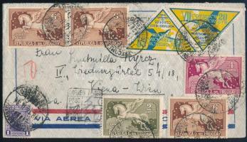 1934 Ajánlott légi levél 8 db bélyeggel bérmentesítve Bécsbe. Rendkívül dekoratív darab. / Registered airmail cover with 8 stamps to Vienna MONTEVIDEO