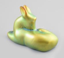 Zsolnay eozin mázas őzike, jelzett, kopásnyomokkal, lepattanással,, m: 6,5 cm, h:9 cm