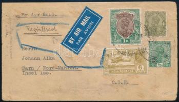 1933 Ajánlott légi levél 4 bélyeggel Németországba küldve különféle bélyegzésekkel / Registered airmail cover with 4 stamps to Germany with different postmarks