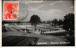 1935 Nagyvárad, Oradea; Strandul Municipial / Városi strandfürdő. Hátoldalon reklámcímke / spa, swimming pool. Tourism advertisement on the backside