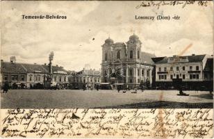 1905 Temesvár, Timisoara; Belváros, Losonczy (Dom) tér, piac, Szentháromság szobor / square, market, monument (fl)