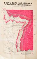 1939 A nyugati hadszíntér - A Maginot és a Siegfried vonal tájékoztató vázlata, 1 : 450.000, Bp., Dante Könyvkiadó, lapszéli szakadással, foltokkal, 70x44 cm