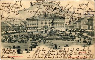 1902 Arad, Szabadság tér, piac, Hoffmann Sándor divatáruháza a a kecskéhez, fogorvosi műterem. Kerpel Izsó kiadása / square, market, shops, dentist (fl)