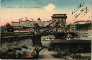 1910 Budapest, Lánchíd pesti hídfő és rakpart, teherhajó kikötő. Handkolorierte Künstlerkarte