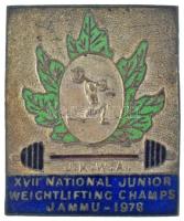 India 1978. "XVII. Nemzeti Ifjúsági Súlyemelő Bajnokság - Jammu, 1978" részben zománcozott fém jelvény (24x30mm) T:XF India 1978. "XVII National Youth Weightlifting Championship - Jammu, 1978" partially enamelled metal badge (24x30mm) C:XF