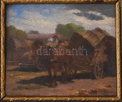 Pállya Celesztin (1864-1948): Lovasszekér. Olaj, fa, jelzett. Dekoratív fakeretben, 12,5x14,5 cm