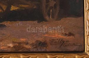 Pállya Celesztin (1864-1948): Lovasszekér. Olaj, fa, jelzett. Dekoratív fakeretben, 12,5x14,5 cm