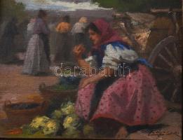 Pállya Celesztin (1864-1948): Piac. Olaj, fa, jelzett. Dekoratív fakeretben, 12,5x14,5 cm