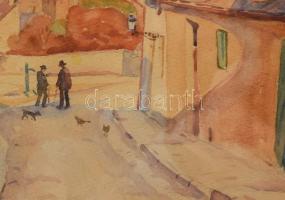 Olvashatatlan jelzéssel: Beszélgetők a Tabánban, 1924. Akvarell, papír. Dekoratív, üvegezett fakeret...