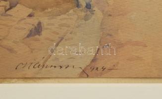 Olvashatatlan jelzéssel: Beszélgetők a Tabánban, 1924. Akvarell, papír. Dekoratív, üvegezett fakeret...