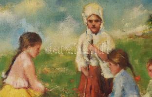 Pirhalla Nándor (1884-?): Gyerekek a mezőn. Olaj, vászon, jelzett. Dekoratív, korabeli fakeretben, 4...