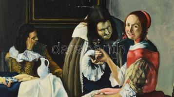 Mathäi jelzéssel, Vermeer után: Lány borospohárral. Olaj, farost. Dekoratív fakeretben. 74X57 cm