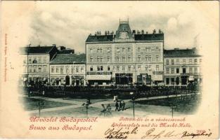 1899 (Vorläufer) Budapest VII. István tér (Klauzál tér) és a vásárcsarnok, Laufer József bor és sörháza, Werzfelder Lajos, Bloch, Klein József, Tichy József, Hoffmann Albert, Fuchs Ede üzlete, kávé és tejcsarnok (Rb)