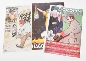 3 db reprint reklámplakát: Földes Imre: Borolin sósborszesz; Sárossy Endre: Haggenmacher sör; Altvater Gessler Budapest likőrök. Bp., 1979, Globus-ny., 34x24 cm