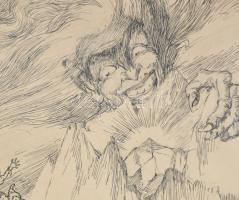 Hanna Melanie/Mela (1892-1973): Kincskeresők, 1921. Tus, papír, jelezve jobbra lent. Üvegezett faker...