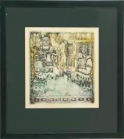 Fajka János (1935): Család. Színezett rézkarc, papír, jelzés nélkül, üvegezett fakeretben. 25×23 cm