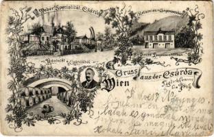 1902 Wien, Vienna, Bécs; Gruss aus der Magyar Csárda. E. Weber's Spezialität Csárda, Kellereien in Langenzersdorf / Hungarian restaurant advertisement. Art Nouveau, floral (pinholes)