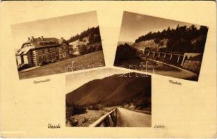 1940 Uzsok, Uzok, Uzhok; Sportszálló, Viadukt, látkép. Moskovits Izidor kiadása / tourist hotel, viaduct, railway bridge, general view (EK)