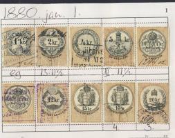 1880-tól 160 db magyar okmánybélyeg cserefüzetben kiadások szerint feldolgozva