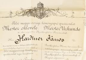 1877 Pozsony, a Felsőmagyarországi kéményseprő ipartársulat mesterlevele Hardtner János kéményseprő ...