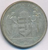 1930. 5P Ag "Horthy jobbra" hajas T:VF patina Adamo P8