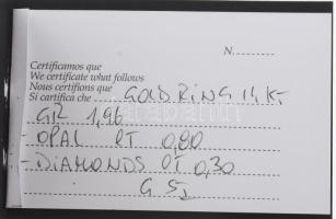 14K fehérarany gyűrű 028 ct opállal és gyémántokkal 0,3ct, jelzett, 1,96 g, m:57 tanúsítvánnyal