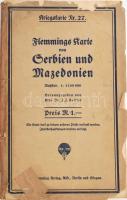 cca 1915 Szerbia és Macedónia I. világháborús térképe (Flemmings Karte von Serbien und Mazedonien, Kriegskarte Nr. 27). 1:1.100.000, 88x71 cm. Kiadói sérült és részben javított papírborítóval, térkép szélein kissé sérült.