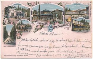 1899 (Vorläufer) Buziás, Buziásfürdő, Baile Buzias; Gyógyterem, Mihály-forrás, Meleg fürdő, Fasor a meleg fürdőhöz, József-forrás, Bazár / spa, bath, spring source, promenade, bazaar. A. Schwidernoch Art Nouveau, floral, litho (r)