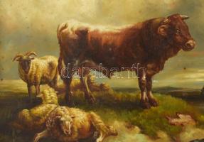 Jelzés nélkül: Bika és bárányok. Olaj, fa. 13x18 cm. Dekoratív, kissé sérült, áttört fakeretben