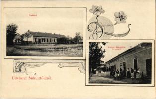 Móricföld, Móriczföld, Moritzfeld, Moritfeld, Maureni; Postamt / Posta, Kumer János-féle vendéglő, étterem / post office, restaurant. Art Nouveau, floral (r)