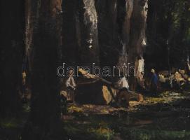 Jelzés nélkül: Favágók. Olaj, vászon, kissé sérült. 70x50 cm. Dekoratív, kissé sérült fakeretben