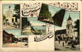 1910 Galgóc, Frasták, Hlohovec; Malátagyár, Fasor, részlet a Vág folyóval, Római katolikus templom, piac, Konth Miklós utca, Kir. Járásbíróság. Szold Jakob kiadása / malt factory, brewery, Váh riverside, Catholic church, market, street view, district court. Art Nouveau, floral (kopott sarkak / worn corners)