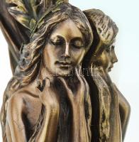 Szecessziós stílusú, plasztikus nőalakkal díszített modern tükör, dekoratív keretben, asztalon kitám...