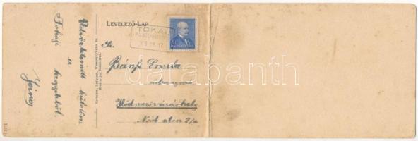 1939 Tokaj, látkép a vasúti híddal. 2-részes kihajtható panorámalap (hajtásnál szakadt / torn at fol...