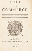 Code de commerce. Párizs, 1810, L'Imprimerie Impériale, 264 p. Francia nyelven. Korabeli bőrkötésben. sérült gerinccel, kopott borítóval.