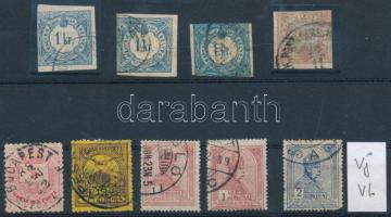 Magyar kis tétel, benne 4 db Hírlapilleték bélyeg (közte 2kr), 1 db Színesszámú 5kr és 4 db Turul kiadás stecklapon