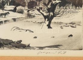 Csergezán Pál (1924-1996): Téli táj lovasszekérrel. Rézkarc, papír, jelzett, 17,5x29 cm, üvegezett f...