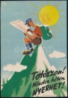 cca 1960 Totózzon! Minden héten nyerhet! - szocreál plakát, szign.: Macskássy János (1910-1993), szép állapotban, 23,5×16,5 cm