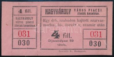 1914 Nagykároly (Erdély) város piaci illetékjegye 4 fillér 1 db marha, ló, öszvér vagy szamár után, szép állapotban