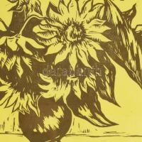 ifj. Iván Szilárd (1955-): Napraforgós csendélet. Linómetszet, papír, jelzett, üvegezett fakeretben,...
