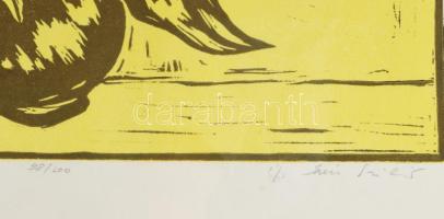 ifj. Iván Szilárd (1955-): Napraforgós csendélet. Linómetszet, papír, jelzett, üvegezett fakeretben,...