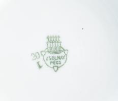 Zsolnay virágmintás porcelán fedeles cukortartó, matricás, jelzett, kopásnyomokkal, m: 12 cm