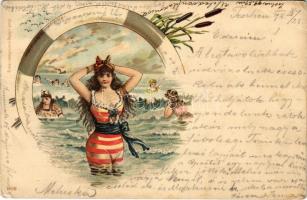 1898 (Vorläufer) Slightly erotic lady art postcard, ladies on the beach. Druck u. Verlag v. Louis Glaser litho (EB)