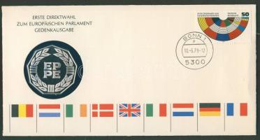 NSZK 1979. Európai Parlament Ag emlékérem érmés, bélyeges borítékon, alkalmi bélyeggel, díszkiadásban! T:PP