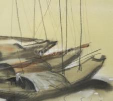 Olvashatatlan jelzéssel, kínai alkotó, feltehetően XX. sz.: Távol-keleti kikötő. Vegyes technika, se...