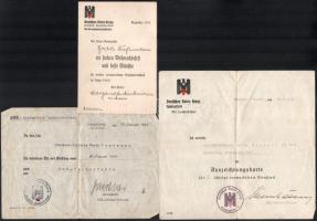 1941-1943 Deutsches Rotes Kreuz (Német Vöröskereszt) 3 db okmánya ápolónő részére: 5 éves szolgálatért járó kitüntetés adományozó oklevél, kinevezés, karácsonyi-újévi üdvözlőlap; parancsnoki aláírásokkal